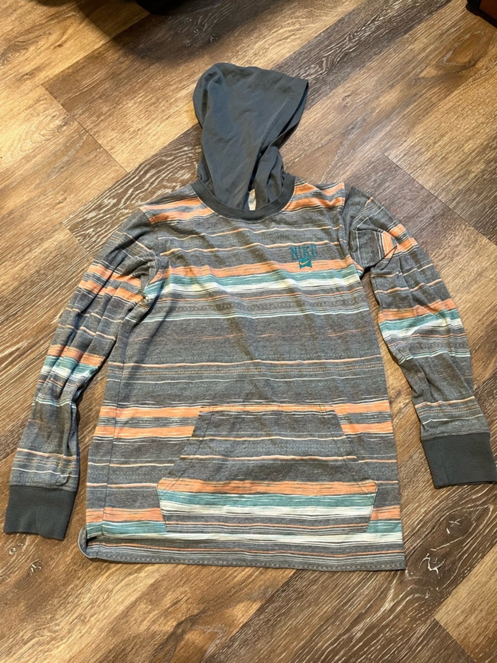 Nike Kids Gray Striped Hoodie with Orange & Teal Accents